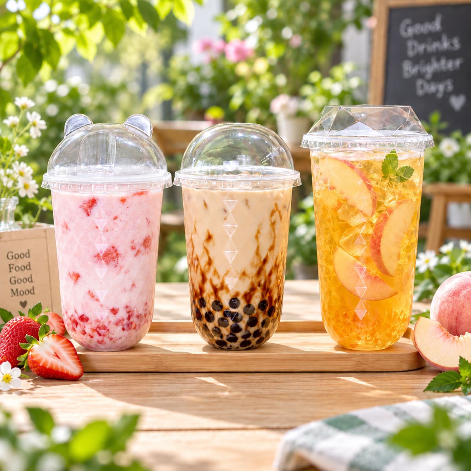 U-shaped PP diamond cups filled with milk tea and fruit drinks